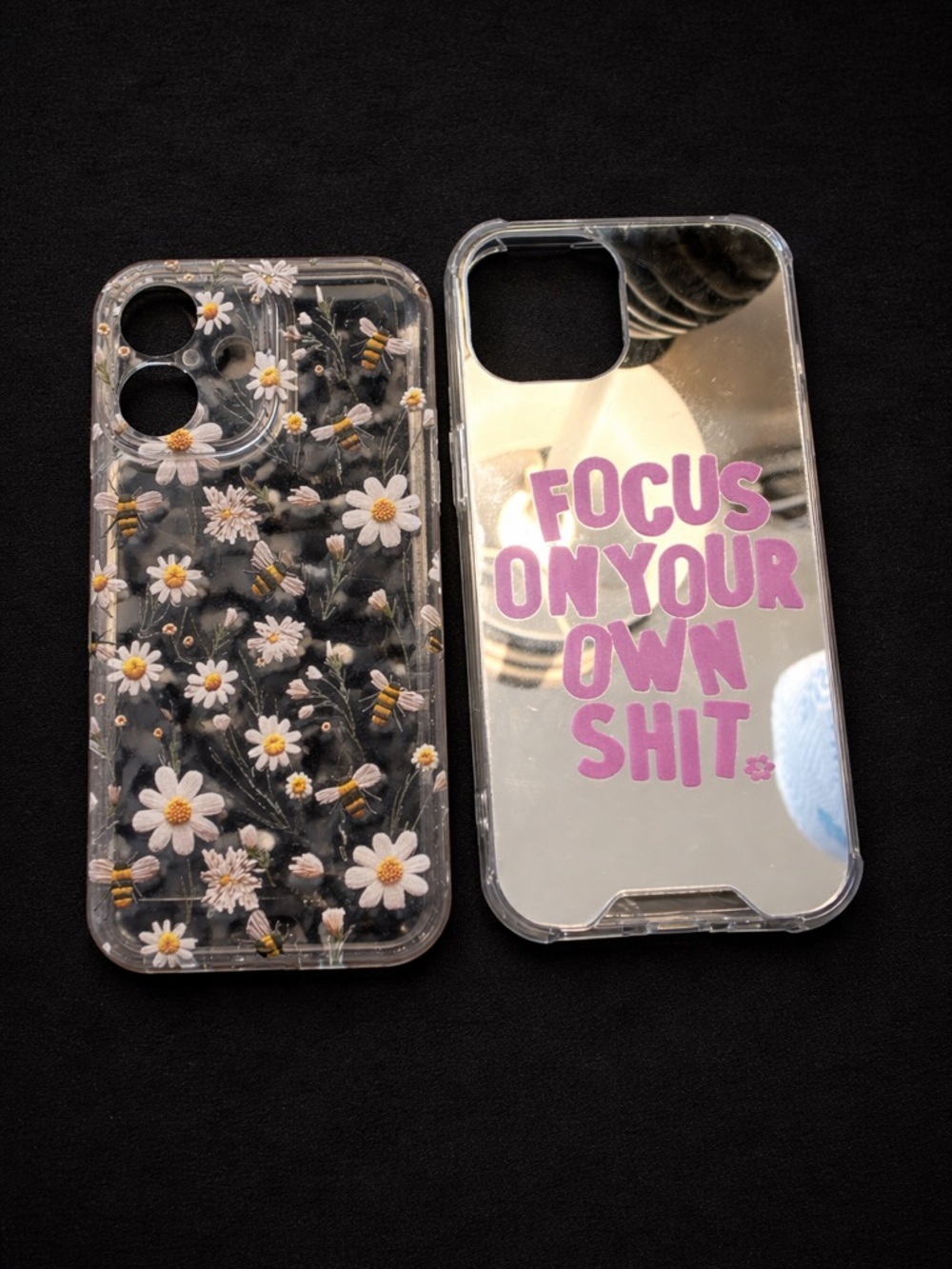 Clear Floral Daisy & Mirror Pink Text Phone Case Duo